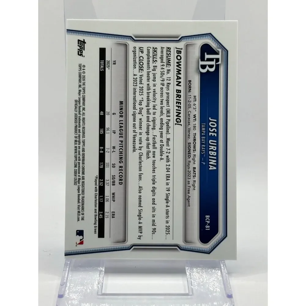 2026 Bowman Sapphire Jose Urbina 1st Chrome Prospect Sapphire Refractor TB Rays